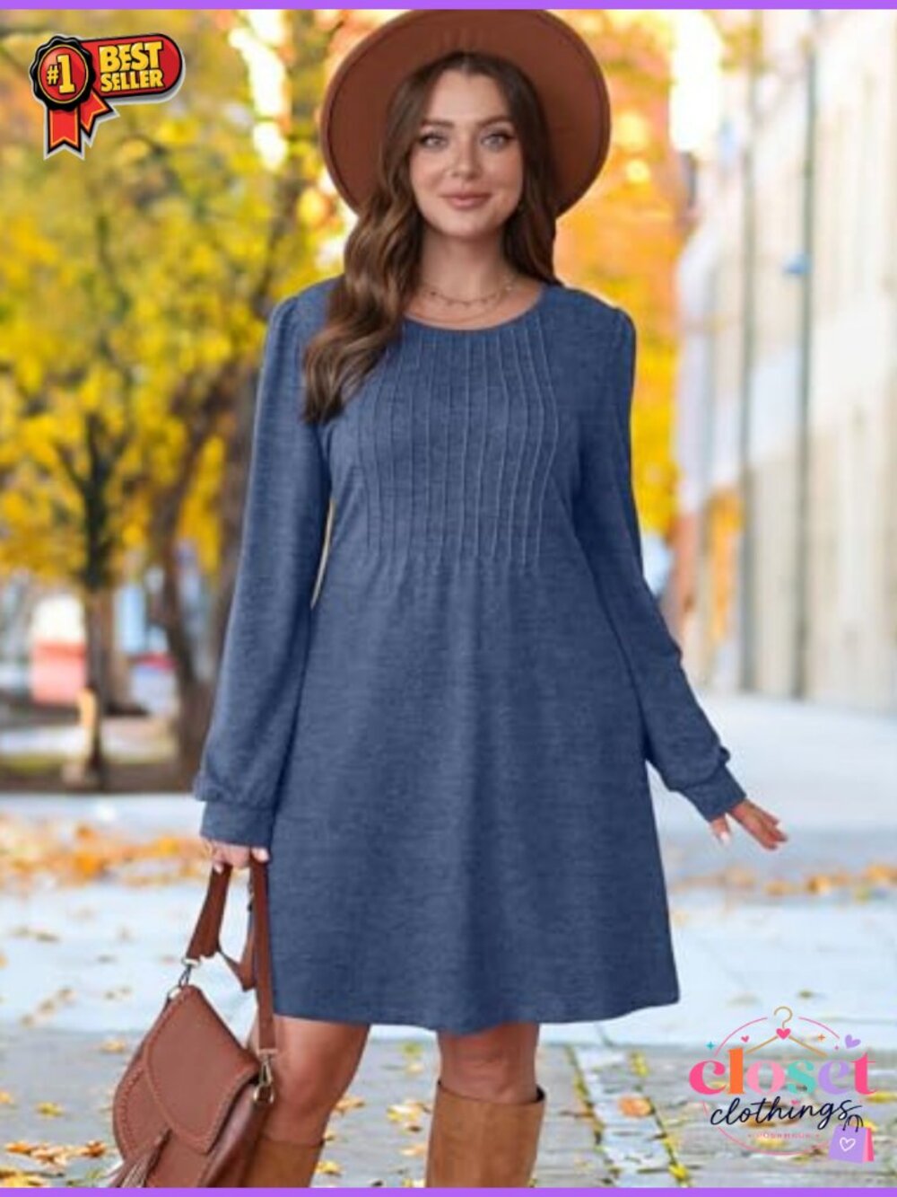 OFEEFAN Women's Long Sleeve Babydoll Sweater Dress Pleated Crew Neck with - Picture 2 of 4
